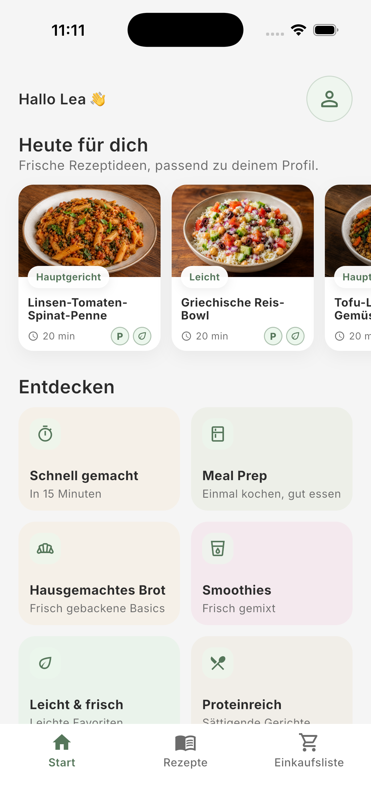 ForFlow Startseite mit personalisierten Rezeptvorschlägen